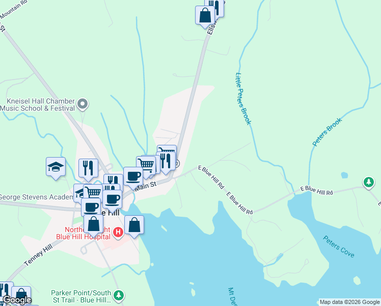 map of restaurants, bars, coffee shops, grocery stores, and more near 15 Ellsworth Road in Blue Hill