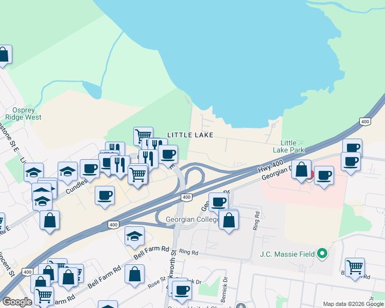 map of restaurants, bars, coffee shops, grocery stores, and more near 11 Lakeside Terrace in Barrie