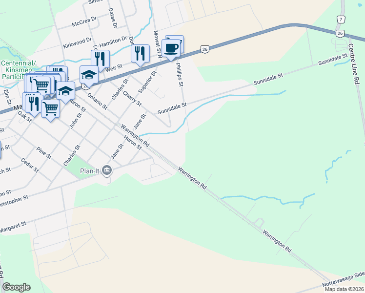 map of restaurants, bars, coffee shops, grocery stores, and more near 241 Phillips Street in Stayner