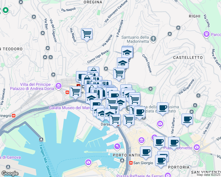 map of restaurants, bars, coffee shops, grocery stores, and more near 129 Via Balbi in Genova