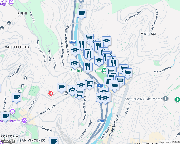 map of restaurants, bars, coffee shops, grocery stores, and more near Via James Richardson Spensley in Genoa