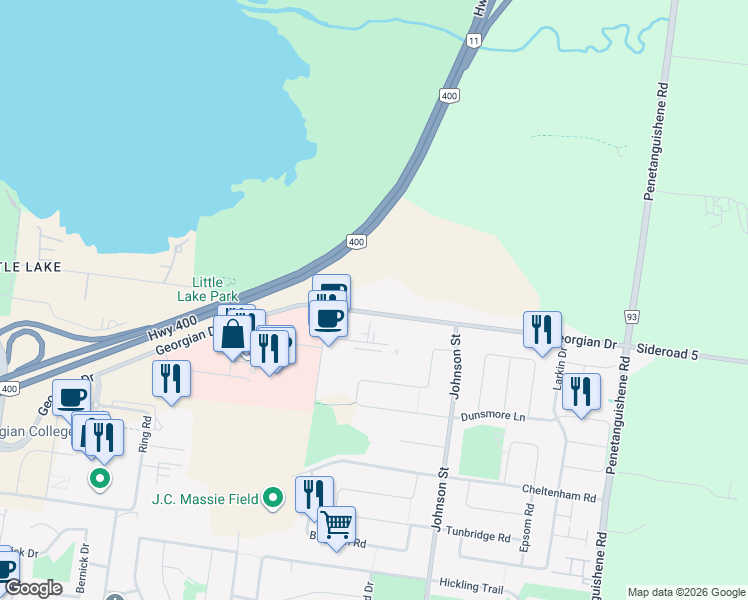 map of restaurants, bars, coffee shops, grocery stores, and more near 310 Georgian Drive in Barrie