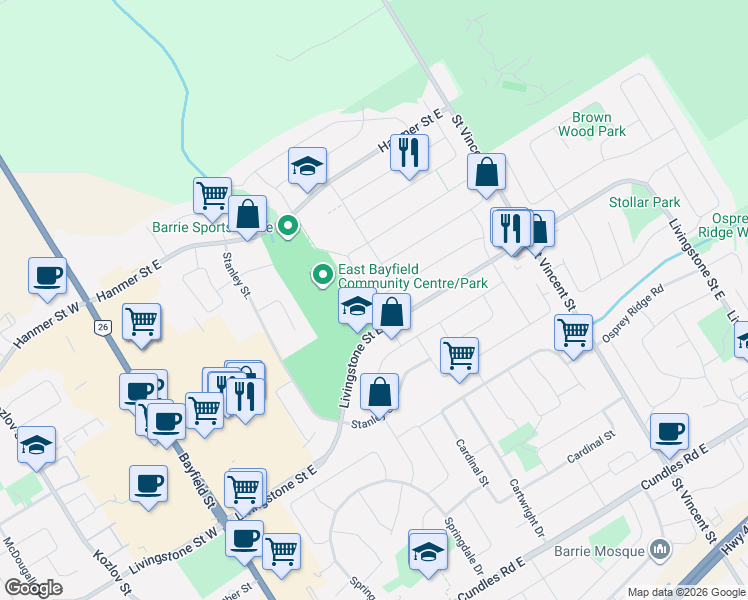 map of restaurants, bars, coffee shops, grocery stores, and more near Michael Crescent in Barrie