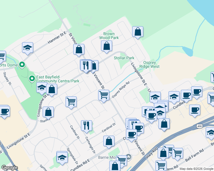 map of restaurants, bars, coffee shops, grocery stores, and more near 53 Stollar Boulevard in Barrie