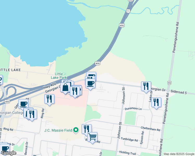 map of restaurants, bars, coffee shops, grocery stores, and more near 300 Georgian Drive in Barrie