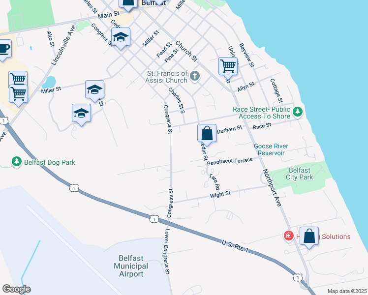 map of restaurants, bars, coffee shops, grocery stores, and more near 7 Cedar Lane in Belfast