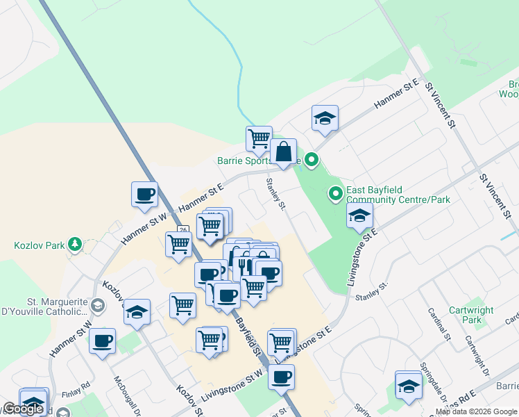 map of restaurants, bars, coffee shops, grocery stores, and more near 88 Trevino Circle in Barrie