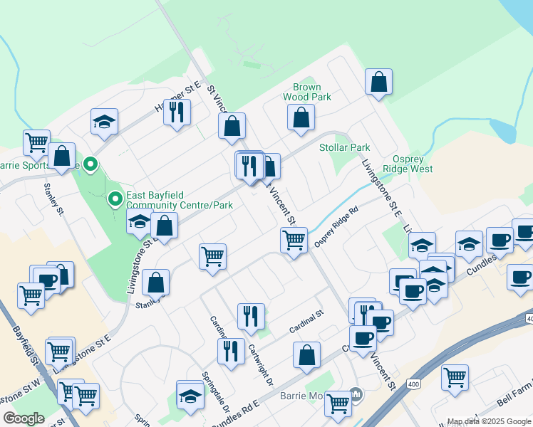map of restaurants, bars, coffee shops, grocery stores, and more near 104 Livia Herman Way in Barrie