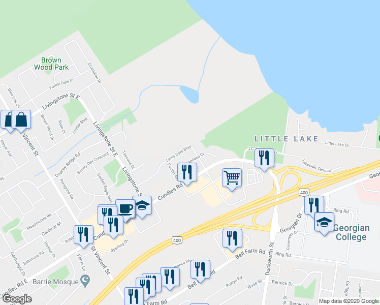 map of restaurants, bars, coffee shops, grocery stores, and more near 101 Lions Gate Boulevard in Barrie