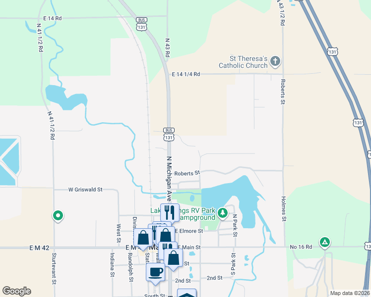 map of restaurants, bars, coffee shops, grocery stores, and more near 532 North Michigan Avenue in Manton
