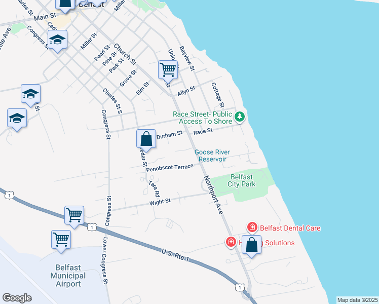 map of restaurants, bars, coffee shops, grocery stores, and more near 51 Northport Avenue in Belfast