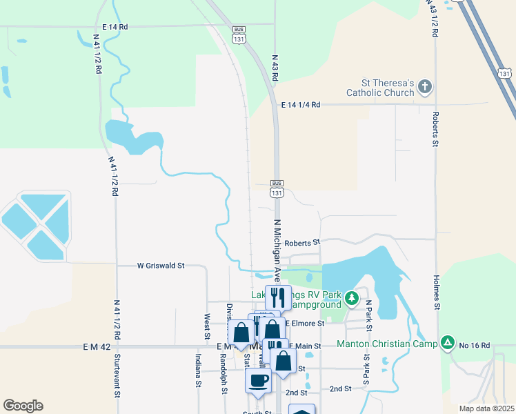 map of restaurants, bars, coffee shops, grocery stores, and more near 110 Cedar Street in Manton
