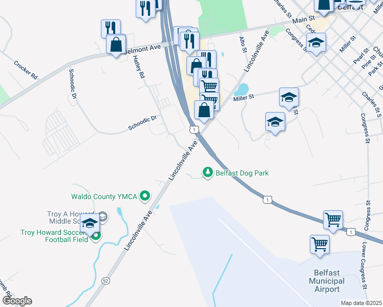 map of restaurants, bars, coffee shops, grocery stores, and more near 122 Lincolnville Avenue in Belfast
