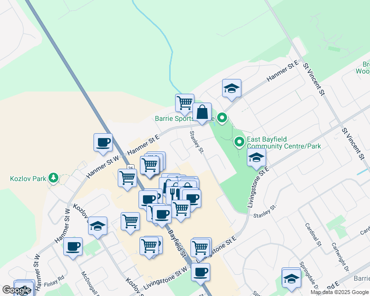 map of restaurants, bars, coffee shops, grocery stores, and more near Trevino Circle in Barrie