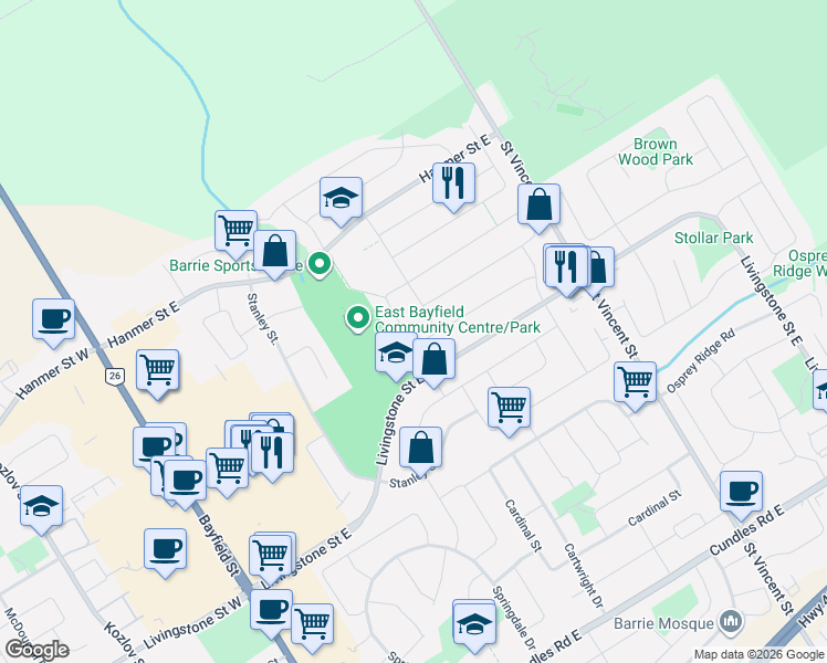 map of restaurants, bars, coffee shops, grocery stores, and more near 21 Michael Crescent in Barrie