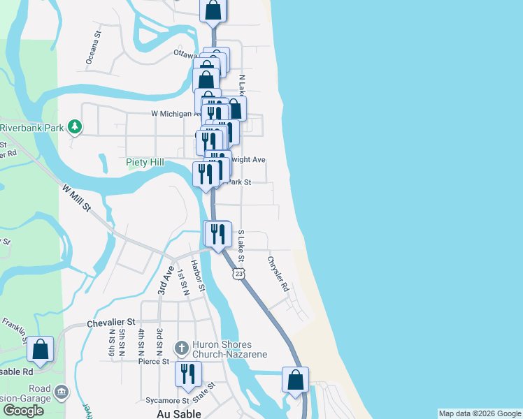 map of restaurants, bars, coffee shops, grocery stores, and more near 201-299 Huron Street in Au Sable Charter Township