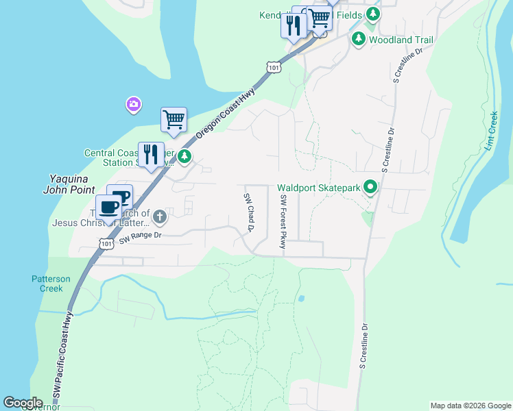 map of restaurants, bars, coffee shops, grocery stores, and more near 1500 Southwest Chad Drive in Waldport