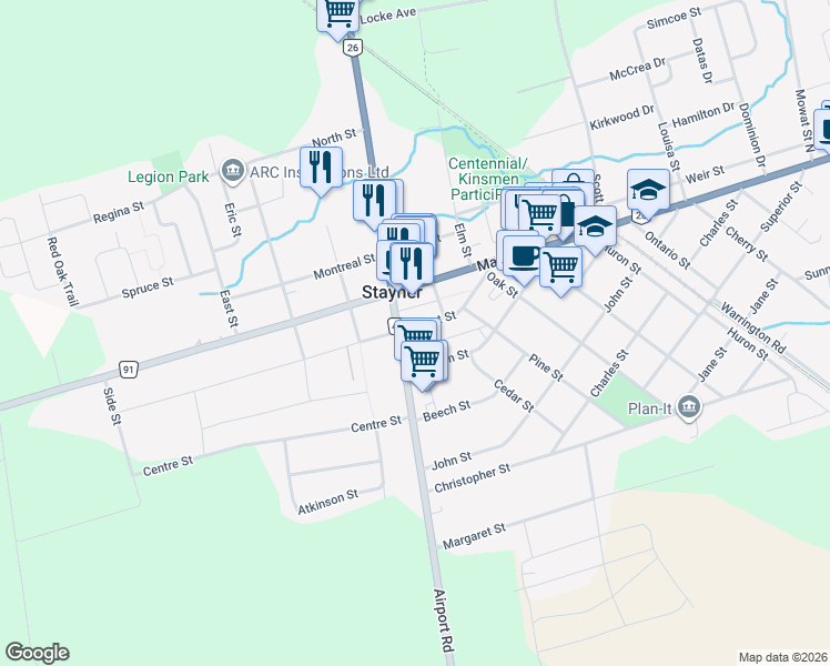map of restaurants, bars, coffee shops, grocery stores, and more near 1057 County Road 42 in Stayner