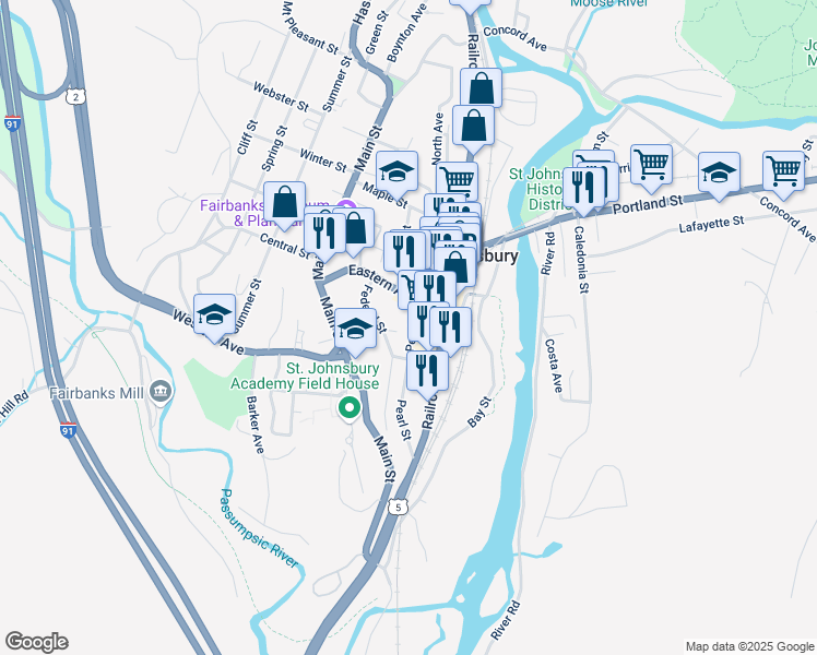 map of restaurants, bars, coffee shops, grocery stores, and more near 271 Pearl Street in Saint Johnsbury