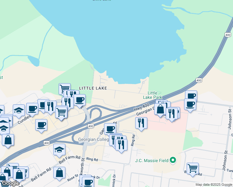 map of restaurants, bars, coffee shops, grocery stores, and more near 39 Little Lake Drive in Barrie
