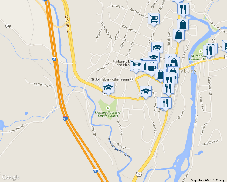 map of restaurants, bars, coffee shops, grocery stores, and more near 53 Summer St in St Johnsbury