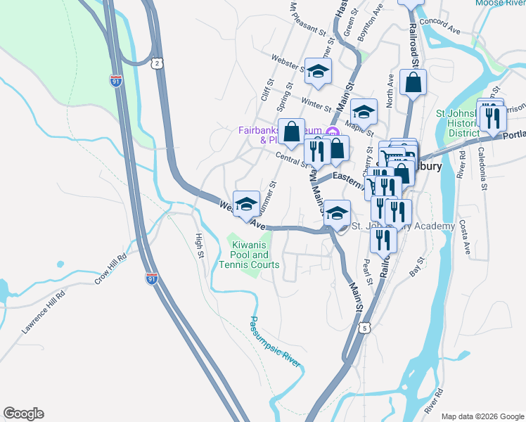 map of restaurants, bars, coffee shops, grocery stores, and more near 83 Summer Street in St. Johnsbury
