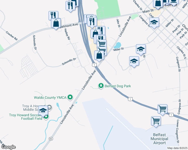 map of restaurants, bars, coffee shops, grocery stores, and more near 122 Lincolnville Avenue in Belfast