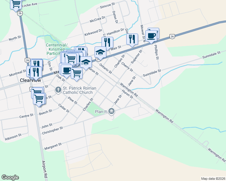 map of restaurants, bars, coffee shops, grocery stores, and more near 231 Superior Street in Clearview