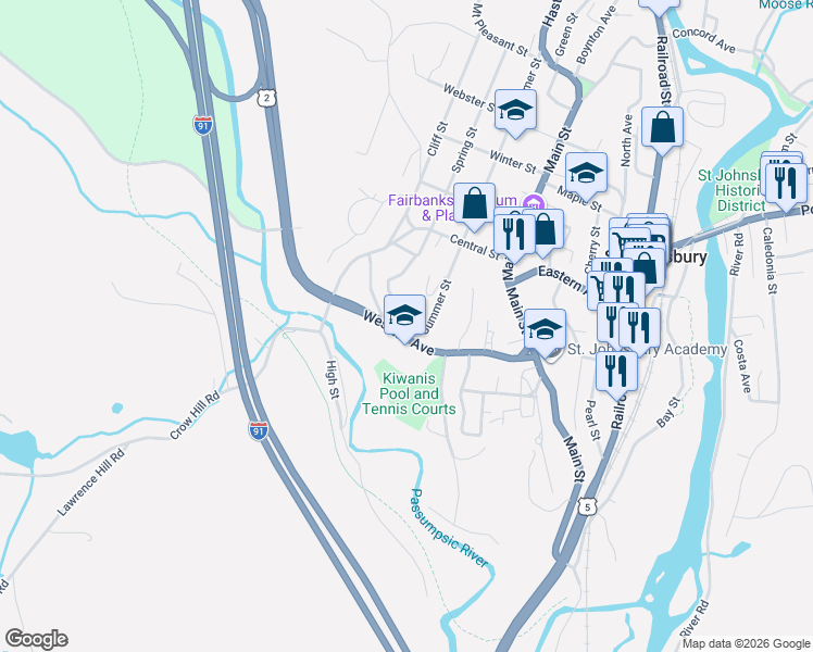 map of restaurants, bars, coffee shops, grocery stores, and more near 92 Highland Avenue in Saint Johnsbury