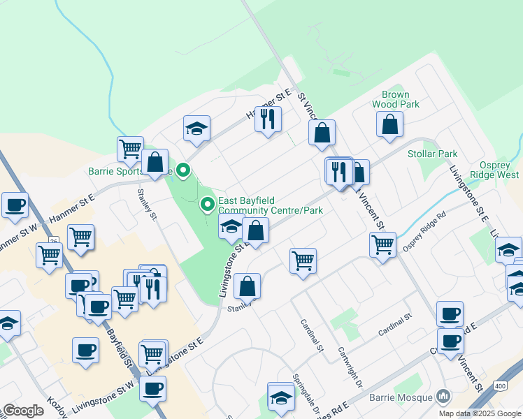 map of restaurants, bars, coffee shops, grocery stores, and more near in Barrie