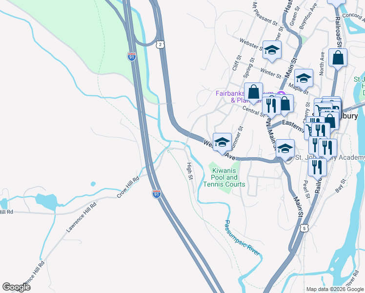 map of restaurants, bars, coffee shops, grocery stores, and more near 58 Mount Vernon Street in Saint Johnsbury
