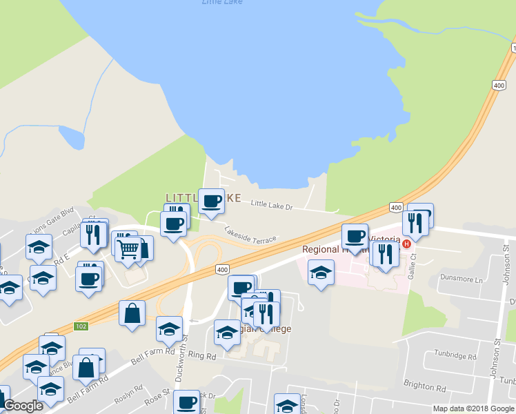 map of restaurants, bars, coffee shops, grocery stores, and more near 41 Little Lake Drive in Barrie