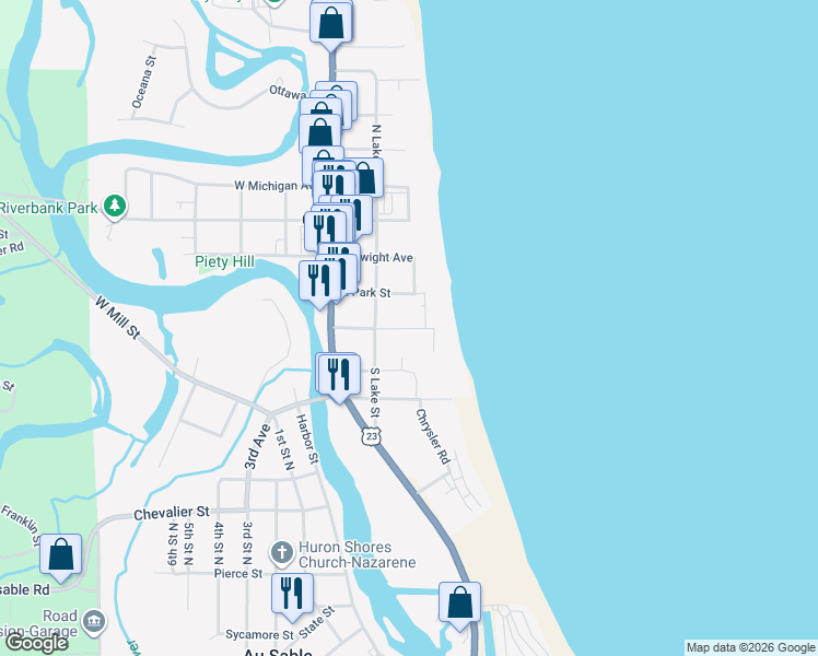 map of restaurants, bars, coffee shops, grocery stores, and more near 298 East Park Avenue in Oscoda