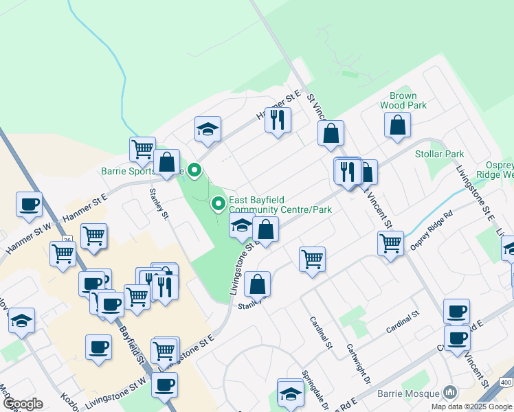 map of restaurants, bars, coffee shops, grocery stores, and more near in Barrie