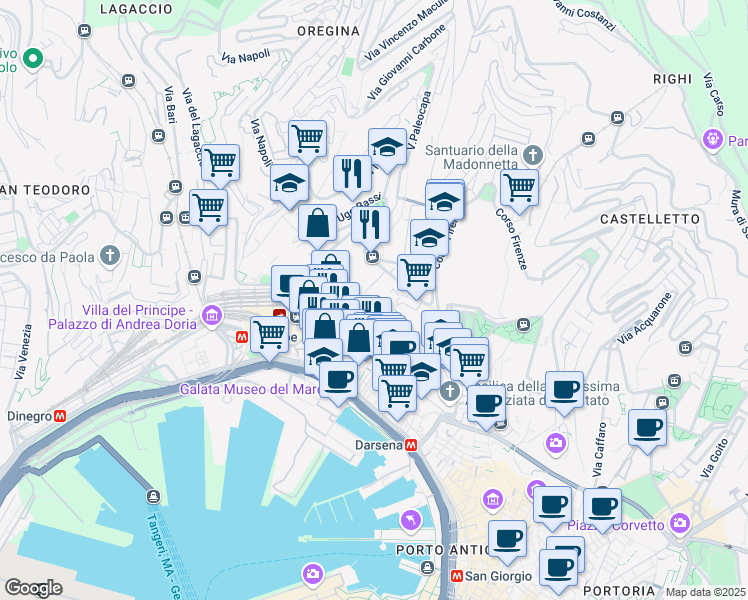 map of restaurants, bars, coffee shops, grocery stores, and more near 9 Via di Montegalletto in Genoa