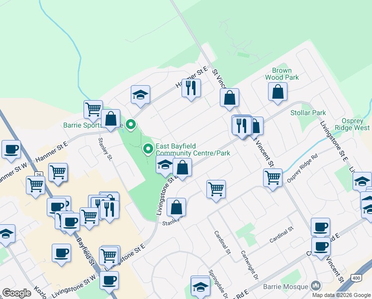 map of restaurants, bars, coffee shops, grocery stores, and more near 16 Nicole Marie Avenue in Barrie