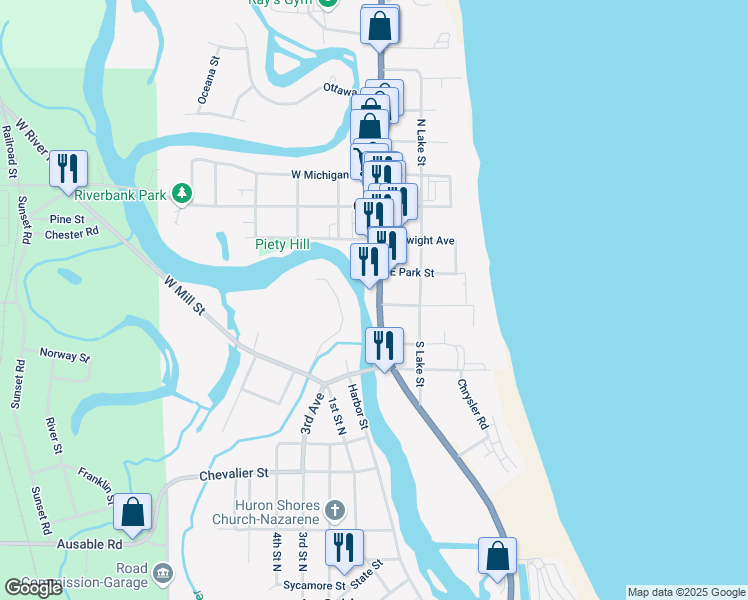 map of restaurants, bars, coffee shops, grocery stores, and more near 328 South State Street in Oscoda
