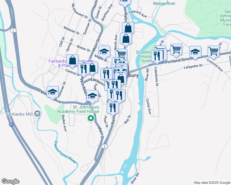 map of restaurants, bars, coffee shops, grocery stores, and more near 271 Pearl Street in Saint Johnsbury