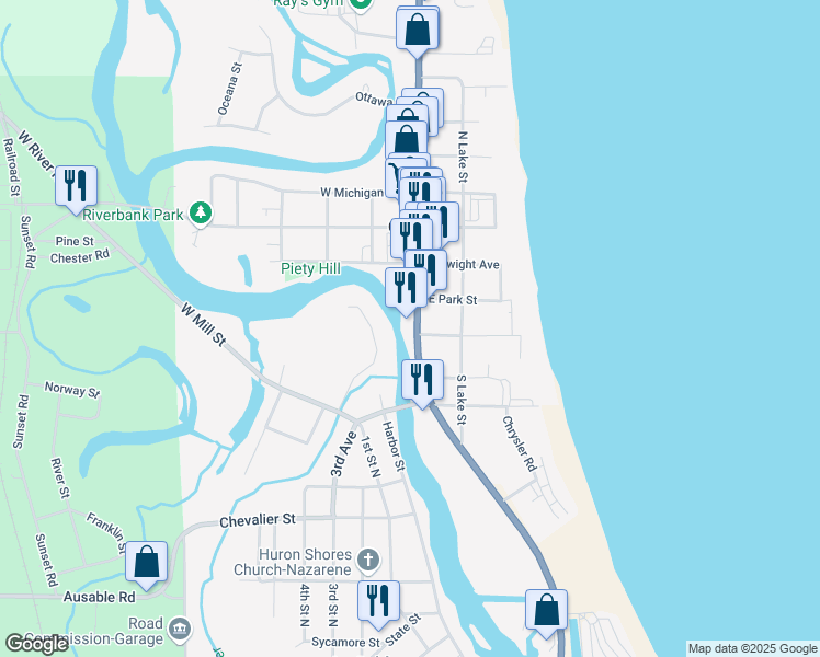 map of restaurants, bars, coffee shops, grocery stores, and more near 328 South State Street in Oscoda