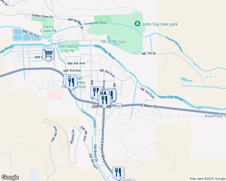map of restaurants, bars, coffee shops, grocery stores, and more near 230 Northeast Dayton Street in John Day
