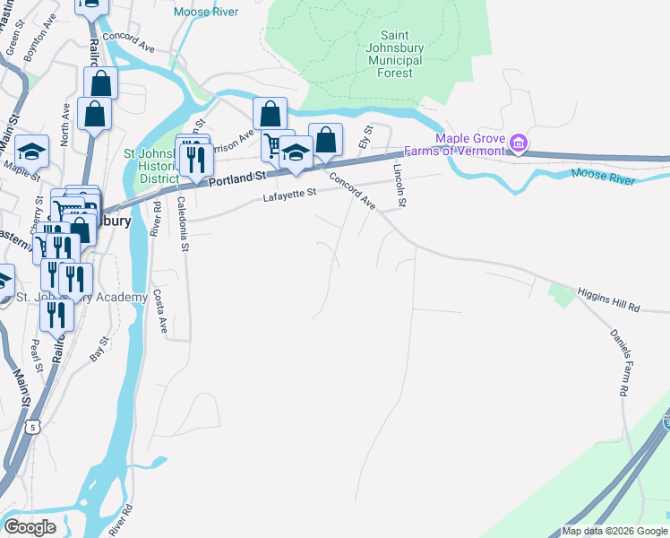 map of restaurants, bars, coffee shops, grocery stores, and more near 145 Mountain Avenue in Saint Johnsbury