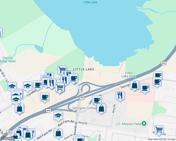 map of restaurants, bars, coffee shops, grocery stores, and more near 15 1st Lane in Barrie