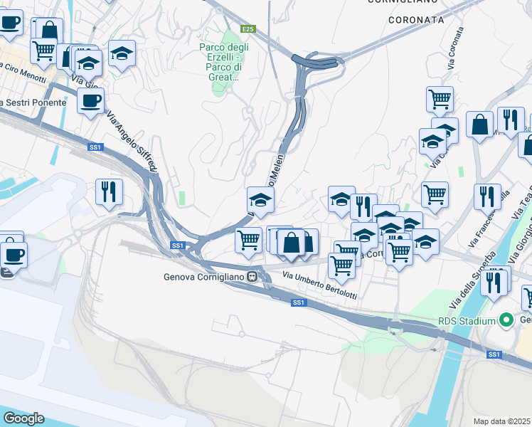 map of restaurants, bars, coffee shops, grocery stores, and more near 5 Via dei Sessanta in Genoa