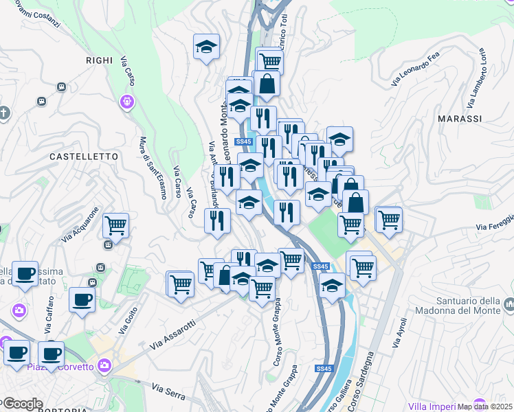 map of restaurants, bars, coffee shops, grocery stores, and more near 114 Via Bobbio in Genova