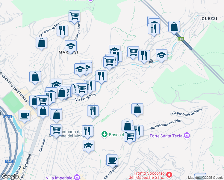 map of restaurants, bars, coffee shops, grocery stores, and more near 35 Via del Monte in Genova