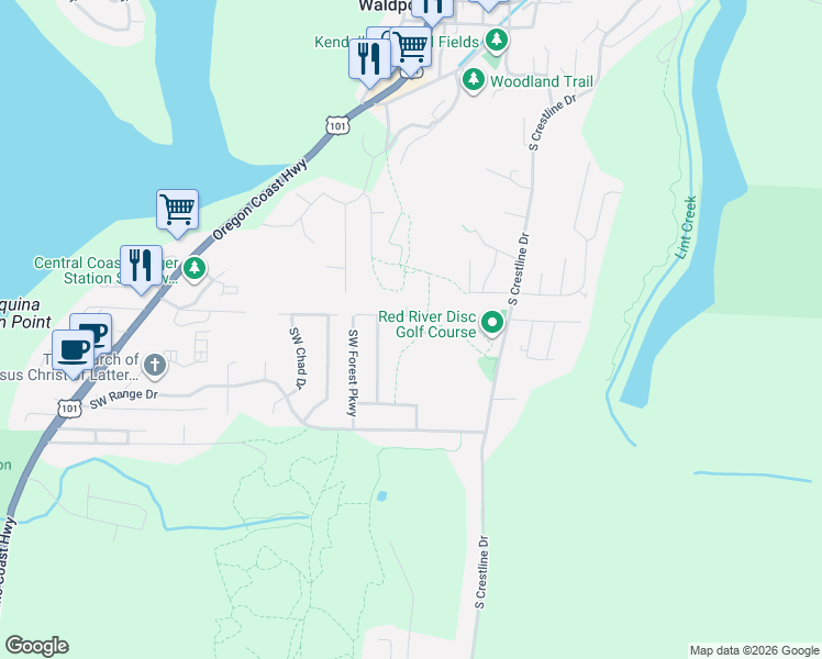 map of restaurants, bars, coffee shops, grocery stores, and more near 1255 Southwest Wedge Court in Waldport