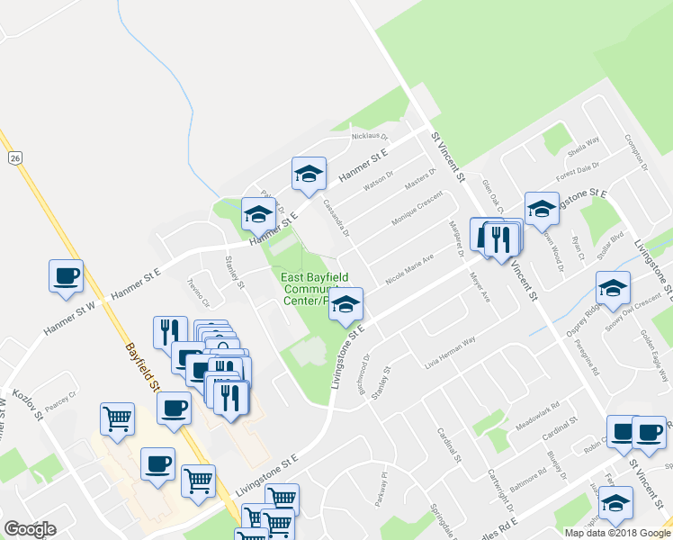 map of restaurants, bars, coffee shops, grocery stores, and more near 56 Michael Crescent in Barrie