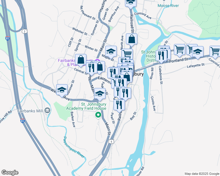 map of restaurants, bars, coffee shops, grocery stores, and more near 103 Eastern Avenue in Saint Johnsbury
