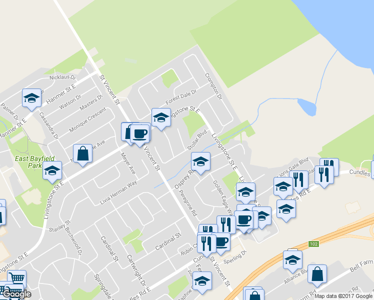 map of restaurants, bars, coffee shops, grocery stores, and more near 27 Stollar Boulevard in Barrie