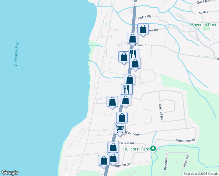 map of restaurants, bars, coffee shops, grocery stores, and more near 185 Pine Haven Shores in Shelburne